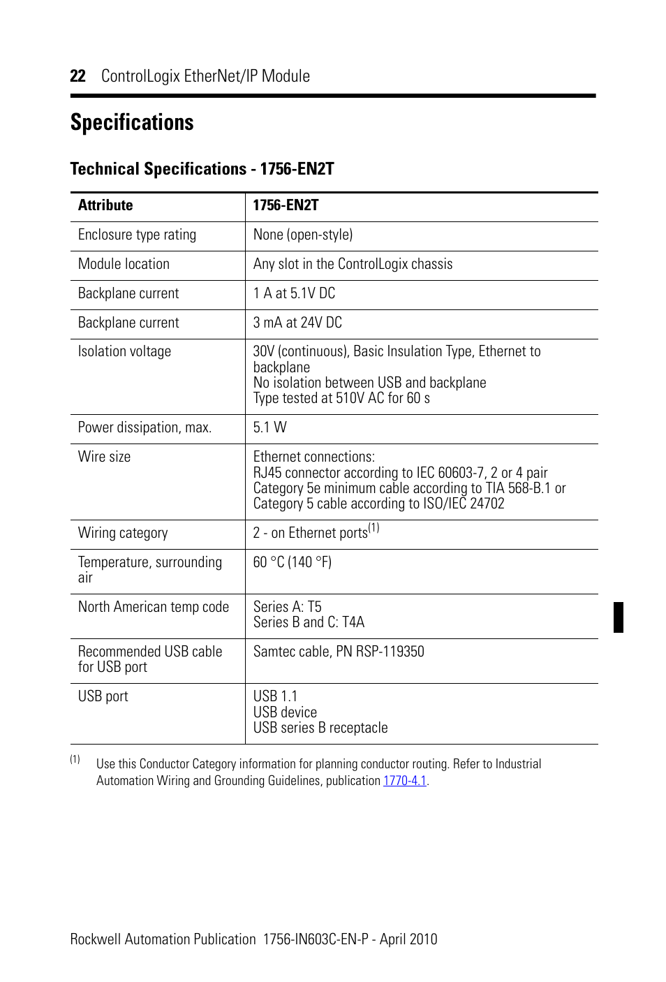 Specifications, Specifications 22 | Rockwell Automation 1756-EN2T ControlLogix EtherNet/IP Module Installation Instructions User Manual | Page 22 / 28