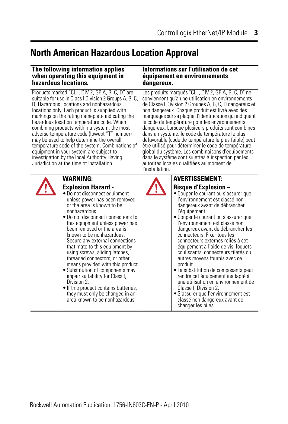 North american hazardous location approval, Controllogix ethernet/ip module 3 | Rockwell Automation 1756-EN2T ControlLogix EtherNet/IP Module Installation Instructions User Manual | Page 3 / 28