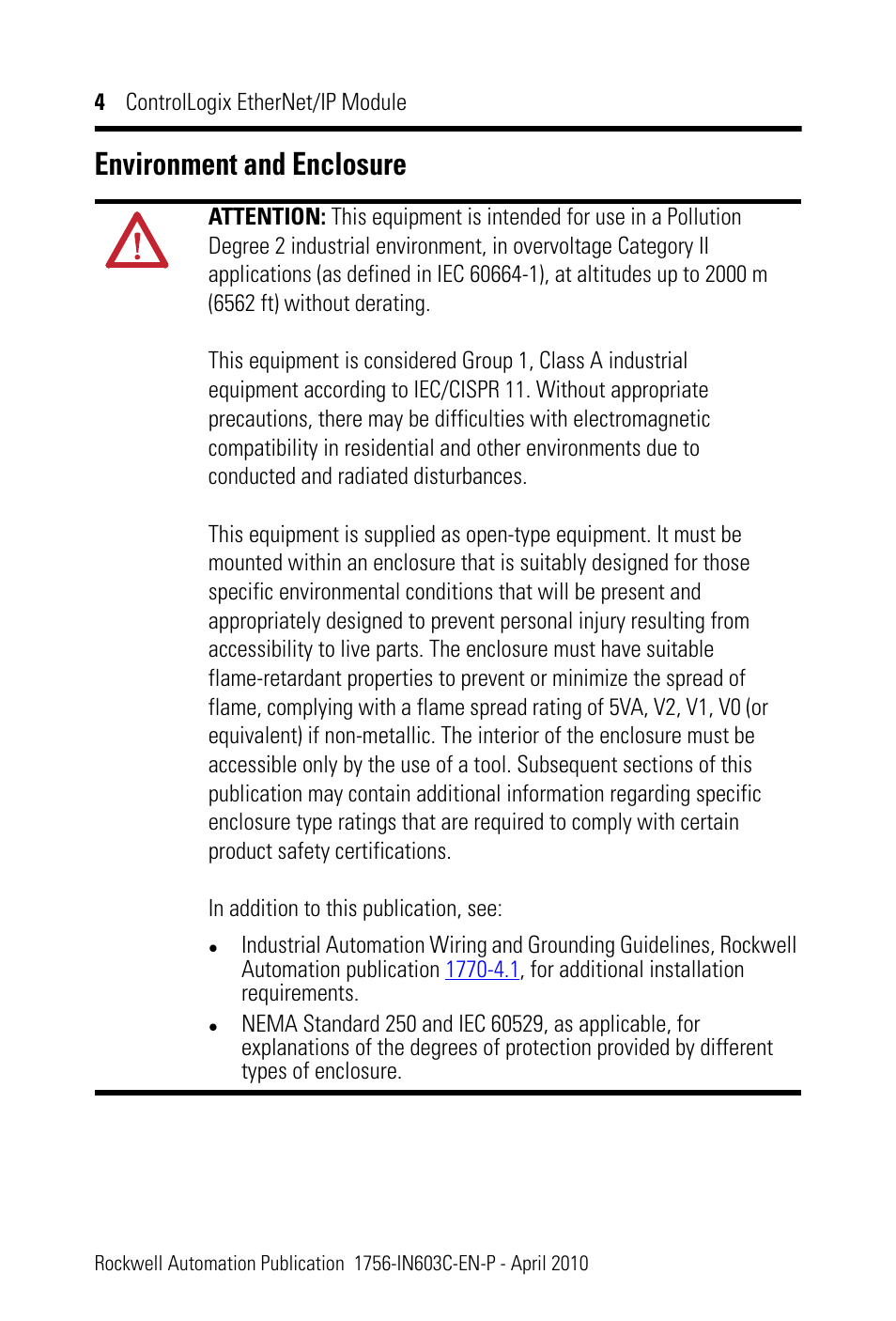 Environment and enclosure | Rockwell Automation 1756-EN2T ControlLogix EtherNet/IP Module Installation Instructions User Manual | Page 4 / 28