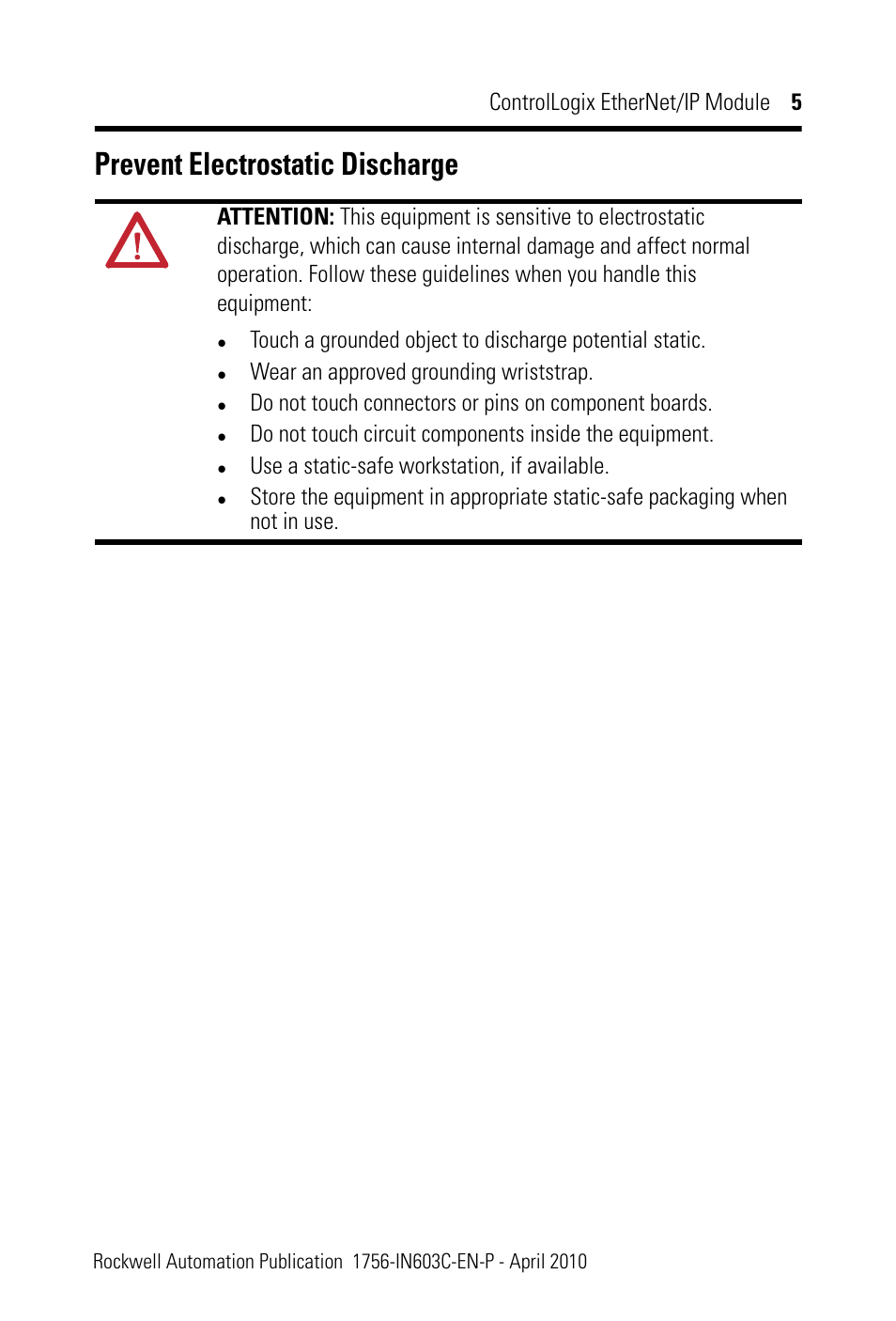 Prevent electrostatic discharge | Rockwell Automation 1756-EN2T ControlLogix EtherNet/IP Module Installation Instructions User Manual | Page 5 / 28