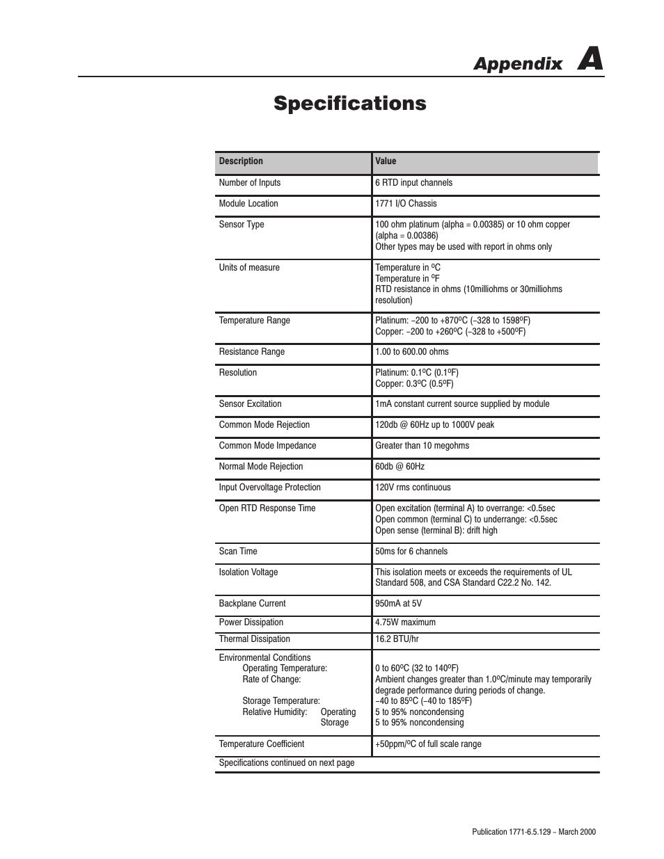 Specifications, Appendix | Rockwell Automation 1771-IR Series D RTD Input Module User Manual User Manual | Page 51 / 79