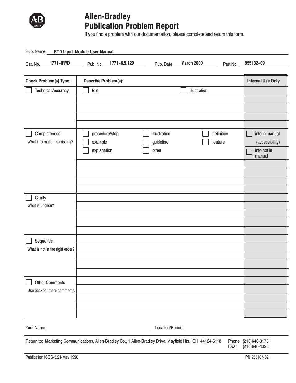 Allenćbradley publication problem report | Rockwell Automation 1771-IR Series D RTD Input Module User Manual User Manual | Page 77 / 79