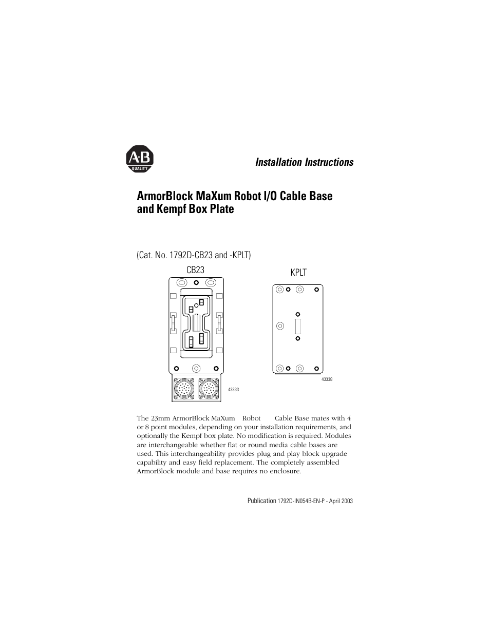 Rockwell Automation 1792D-KPLT ArmorBlock MaXum Cable Base  User Manual | 16 pages