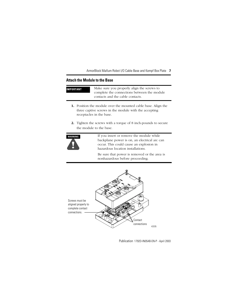 Attach the module to the base | Rockwell Automation 1792D-KPLT ArmorBlock MaXum Cable Base  User Manual | Page 7 / 16