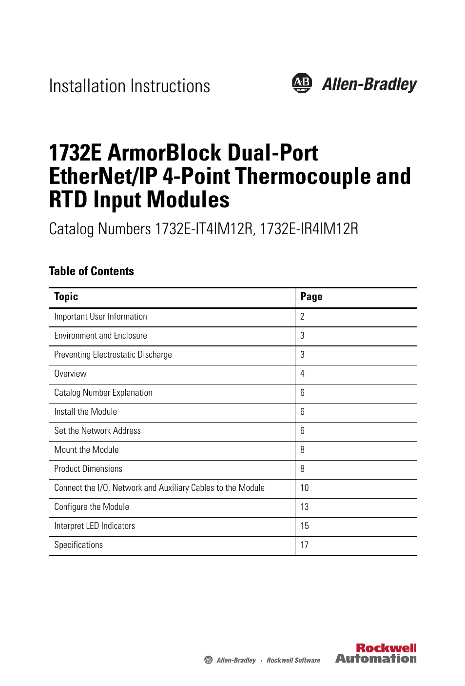 Rockwell Automation 1732E-IR4IM12R ArmorBlock Dual-Port EtherNet/IP 4-Point Thermocouple and RTD Input User Manual | 24 pages