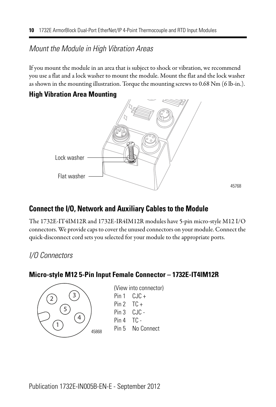 Mount the module in high vibration areas, I/o connectors | Rockwell Automation 1732E-IR4IM12R ArmorBlock Dual-Port EtherNet/IP 4-Point Thermocouple and RTD Input User Manual | Page 10 / 24