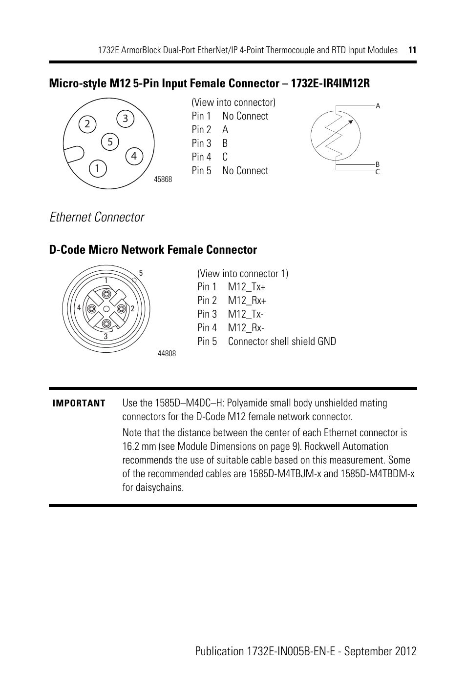 Ethernet connector, D-code micro network female connector | Rockwell Automation 1732E-IR4IM12R ArmorBlock Dual-Port EtherNet/IP 4-Point Thermocouple and RTD Input User Manual | Page 11 / 24