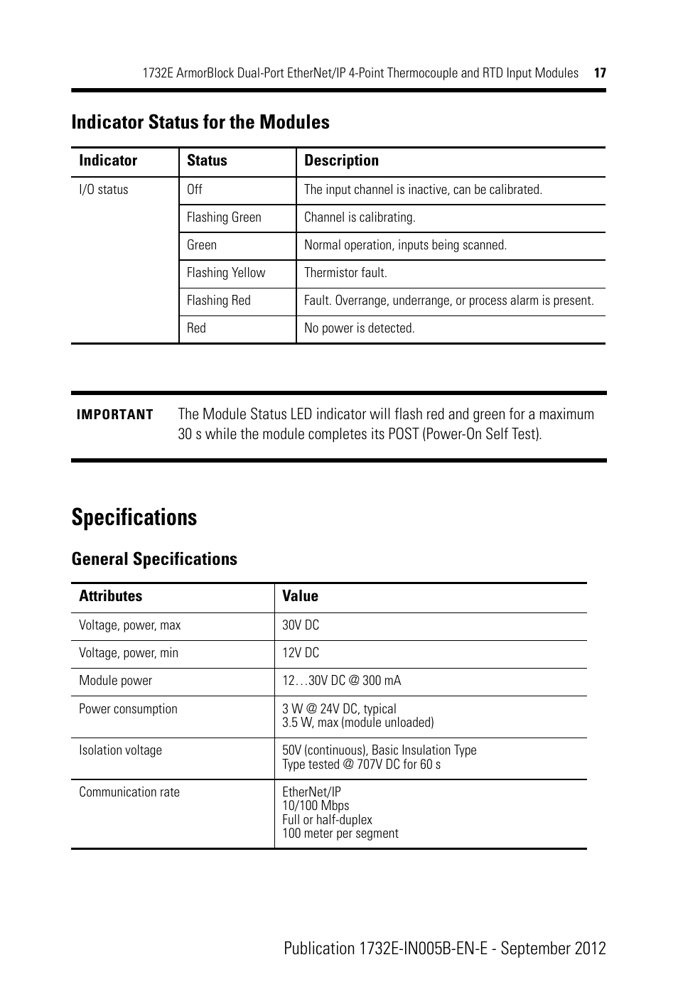 Specifications, Indicator status for the modules, General specifications | Rockwell Automation 1732E-IR4IM12R ArmorBlock Dual-Port EtherNet/IP 4-Point Thermocouple and RTD Input User Manual | Page 17 / 24