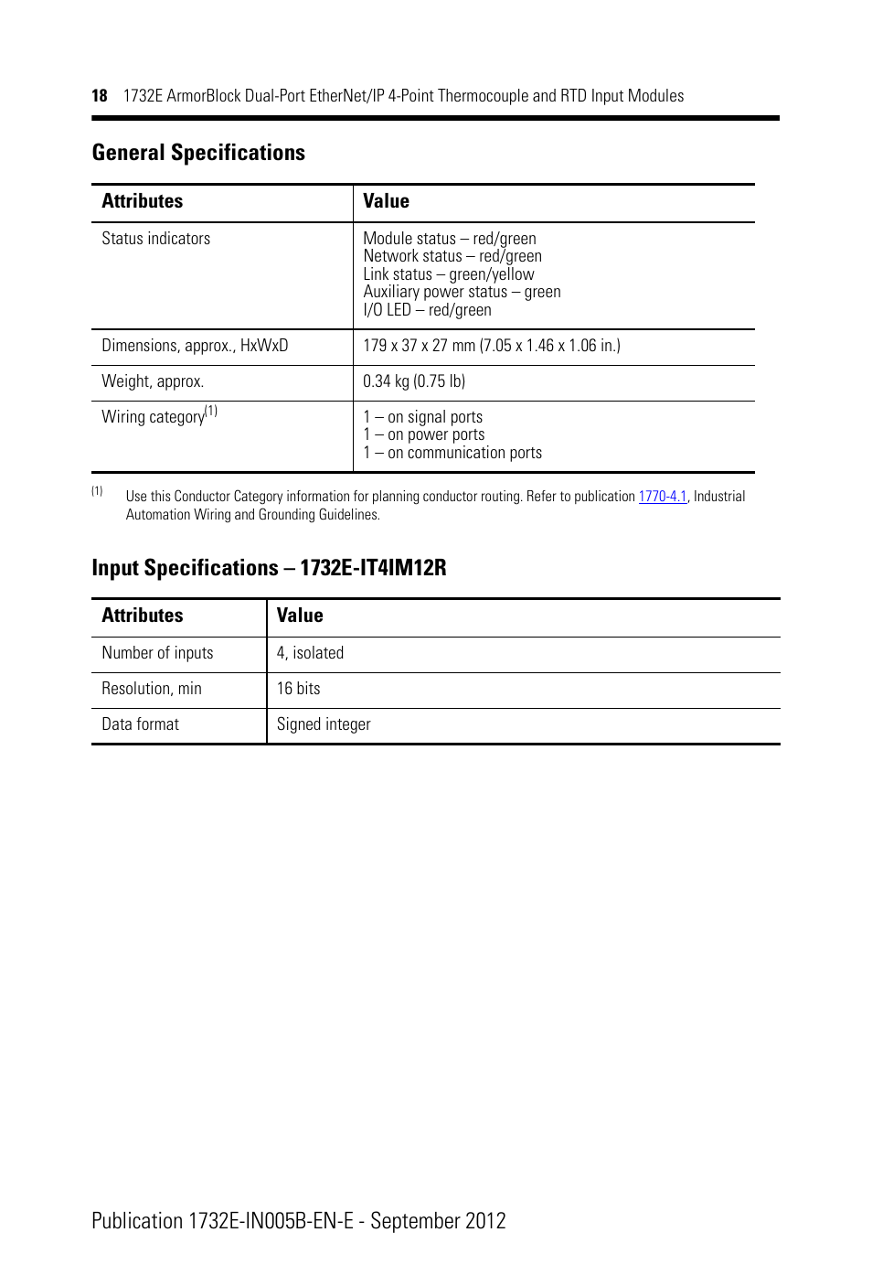 General specifications | Rockwell Automation 1732E-IR4IM12R ArmorBlock Dual-Port EtherNet/IP 4-Point Thermocouple and RTD Input User Manual | Page 18 / 24