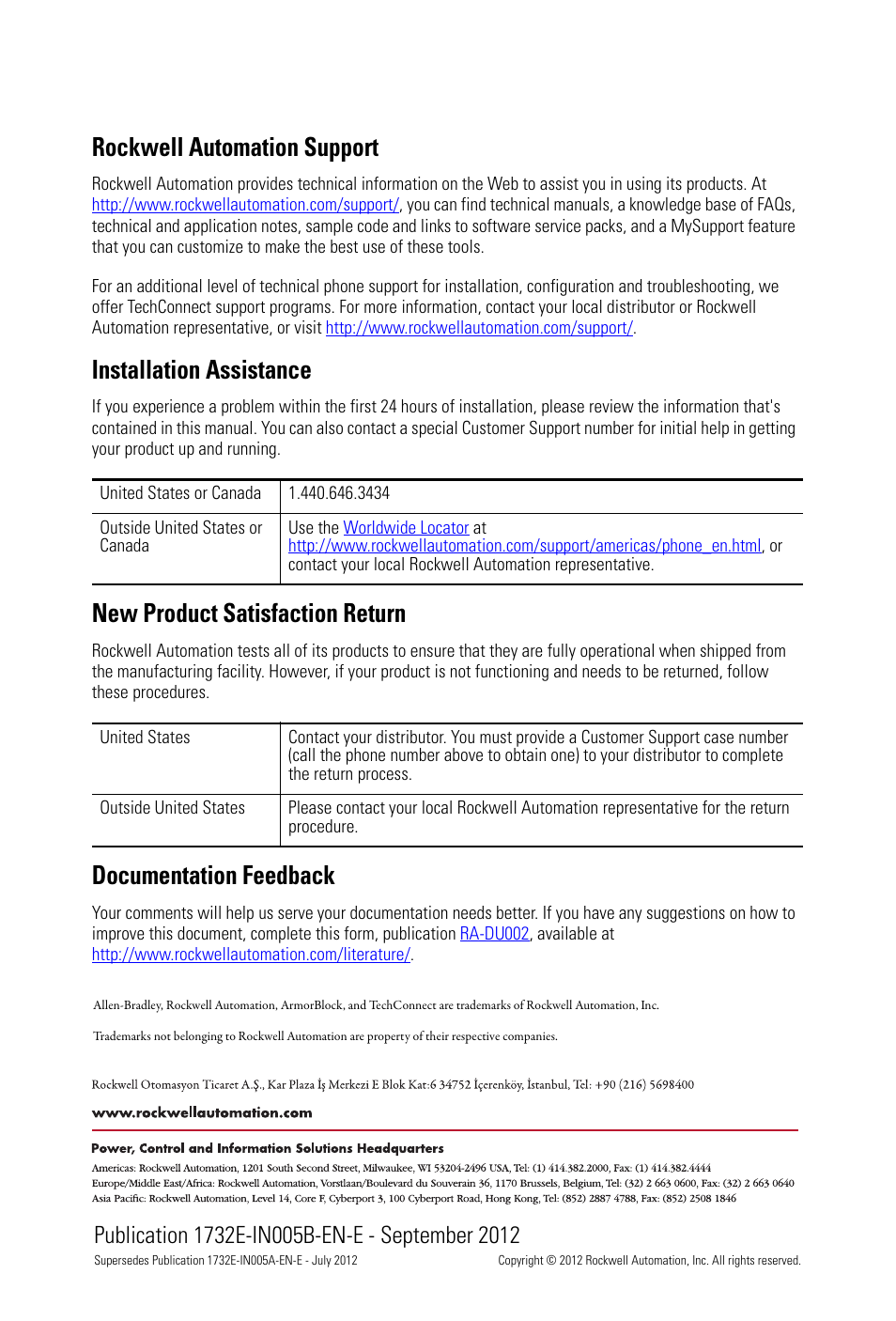 Back cover, Rockwell automation support, Installation assistance | New product satisfaction return, Documentation feedback | Rockwell Automation 1732E-IR4IM12R ArmorBlock Dual-Port EtherNet/IP 4-Point Thermocouple and RTD Input User Manual | Page 24 / 24