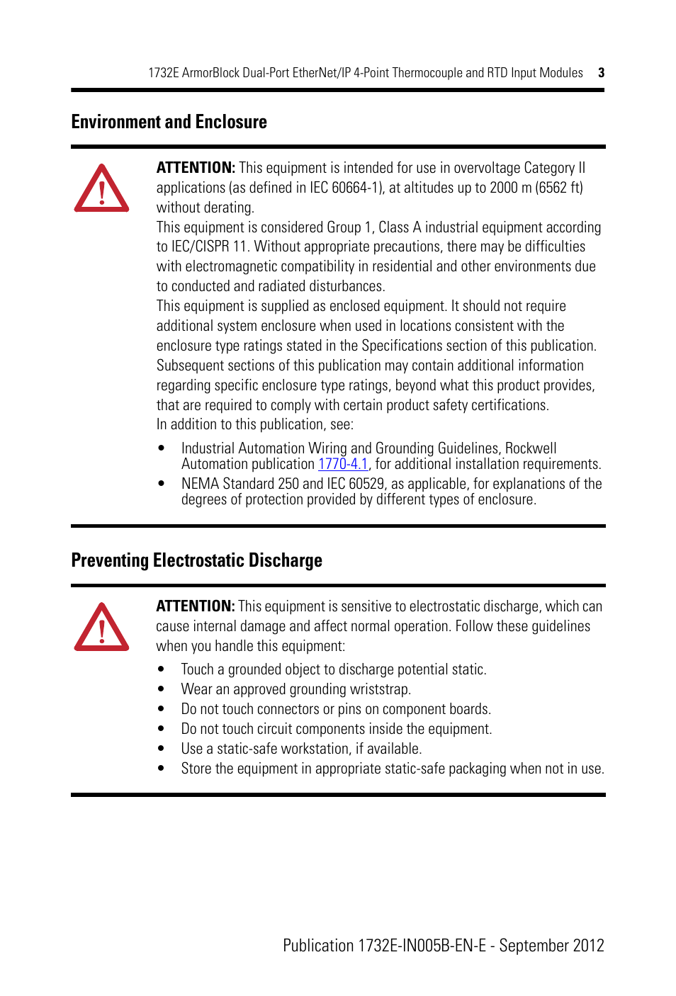 Environment and enclosure, Preventing electrostatic discharge | Rockwell Automation 1732E-IR4IM12R ArmorBlock Dual-Port EtherNet/IP 4-Point Thermocouple and RTD Input User Manual | Page 3 / 24
