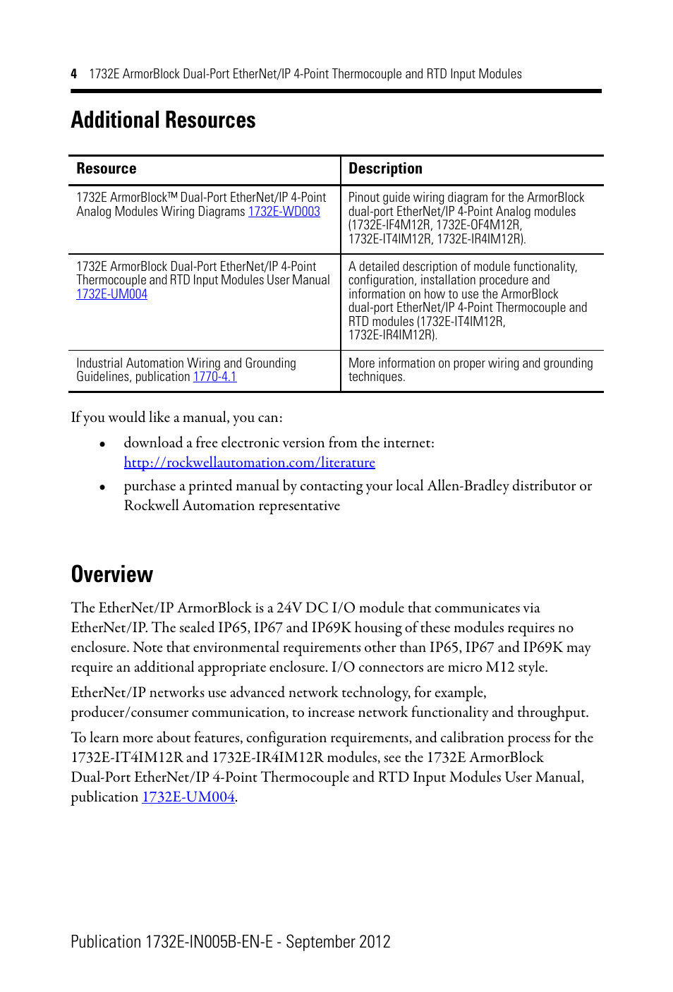 Additional resources, Overview | Rockwell Automation 1732E-IR4IM12R ArmorBlock Dual-Port EtherNet/IP 4-Point Thermocouple and RTD Input User Manual | Page 4 / 24