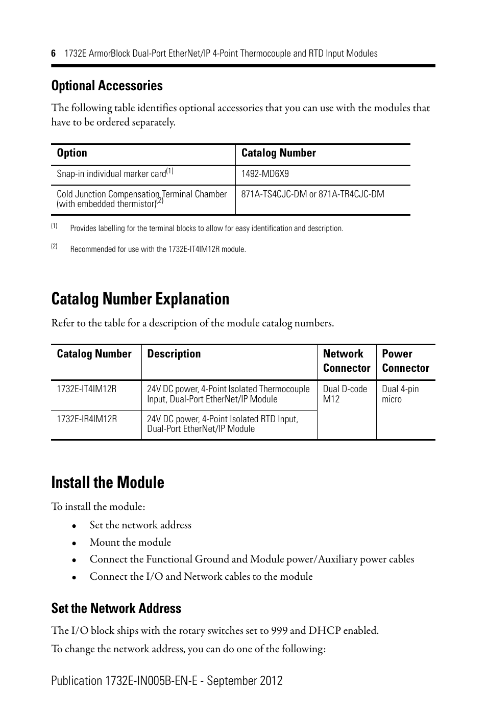 Optional accessories, Catalog number explanation, Install the module | Set the network address | Rockwell Automation 1732E-IR4IM12R ArmorBlock Dual-Port EtherNet/IP 4-Point Thermocouple and RTD Input User Manual | Page 6 / 24