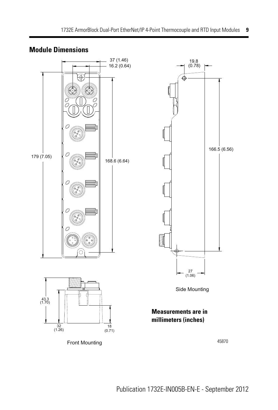 Measurements are in  millimeters (inches) | Rockwell Automation 1732E-IR4IM12R ArmorBlock Dual-Port EtherNet/IP 4-Point Thermocouple and RTD Input User Manual | Page 9 / 24