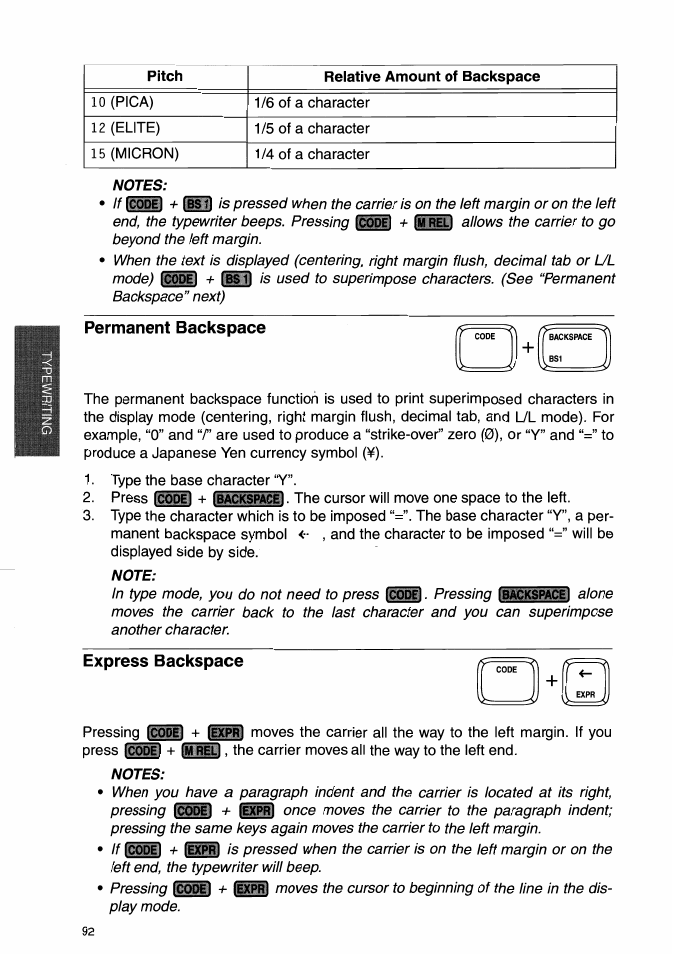 Permanent backspace, Note, Express backspace | Notes, Normal backspace, J ii | Brother WP-700D User Manual | Page 100 / 172