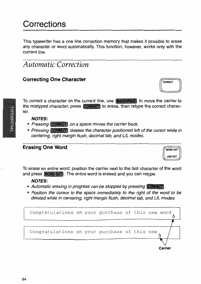 Corrections, Automatic correction, Correcting one character | Erasing one word | Brother WP-700D User Manual | Page 102 / 172