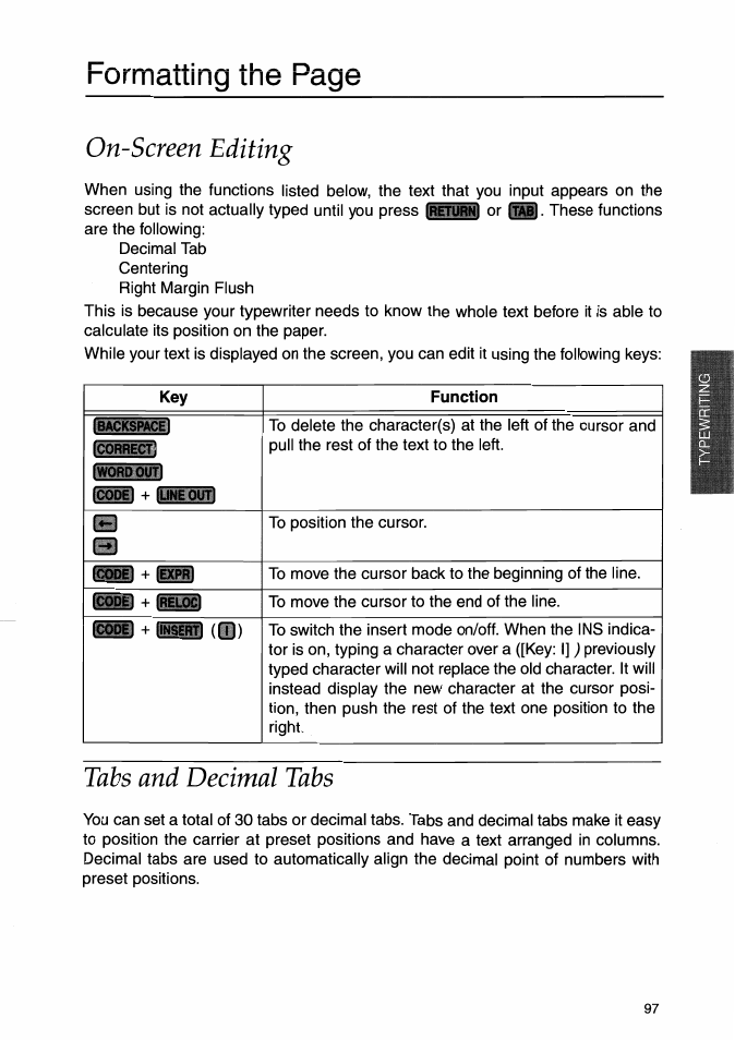 On-screen editing, Tabs and decimal tabs, On-screen editing tabs and decimal tabs | Formatting the page | Brother WP-700D User Manual | Page 105 / 172