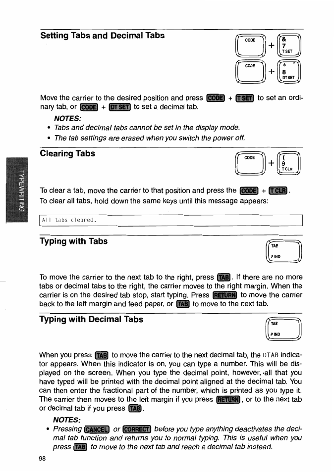 Setting tabs and decimal tabs, Clearing tabs, Typing with tabs | Typing with decimal tabs | Brother WP-700D User Manual | Page 106 / 172