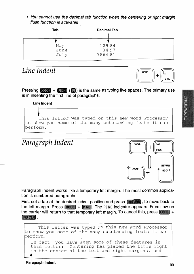 Line indent, Paragraph indent, Line indent paragraph indent | Brother WP-700D User Manual | Page 107 / 172