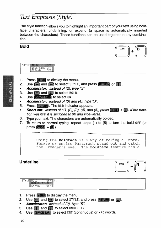 Lext emphasis (style), Bold, Underline | Text emphasis (style) | Brother WP-700D User Manual | Page 108 / 172