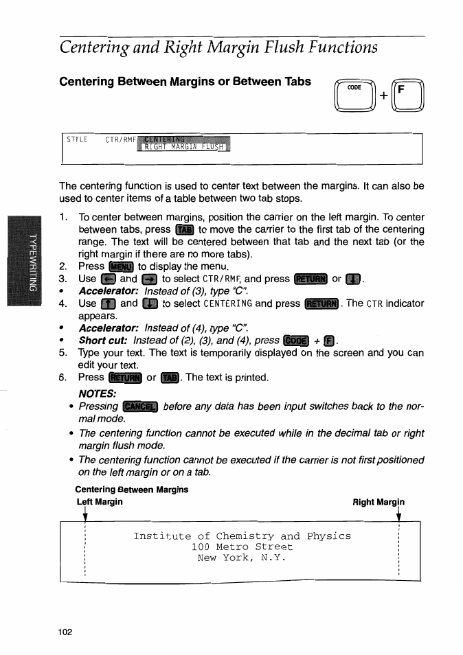 Centering and right margin flush functions, Centering between margins or between tabs | Brother WP-700D User Manual | Page 110 / 172