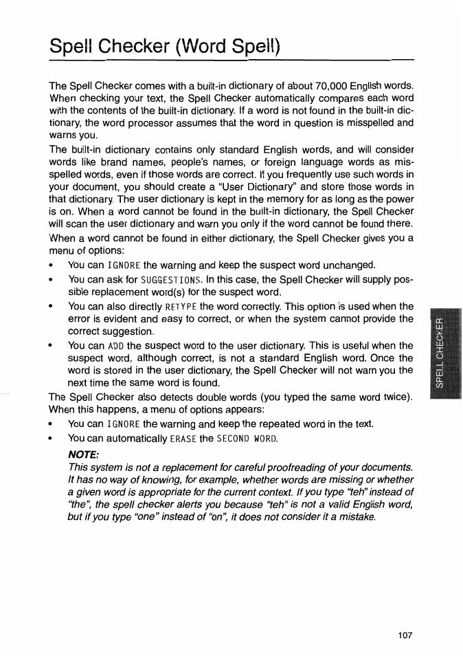 Spell checker (word spell), Note, Speii checker (word speii) | Brother WP-700D User Manual | Page 115 / 172