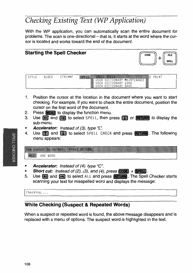 Checking existing lext (wp application), Starting the spell checker, While checking (suspect & repeated words) | Checking existing text (wp application) | Brother WP-700D User Manual | Page 116 / 172