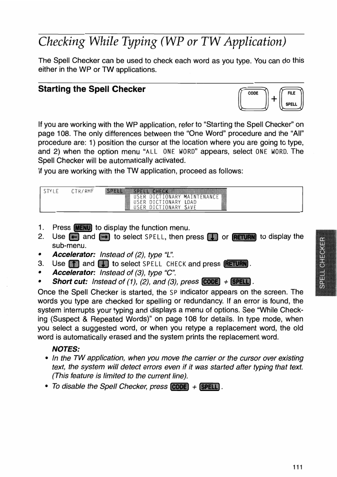 Checking while typing (wp or tw application), Starting the spell checker, Notes | Brother WP-700D User Manual | Page 119 / 172