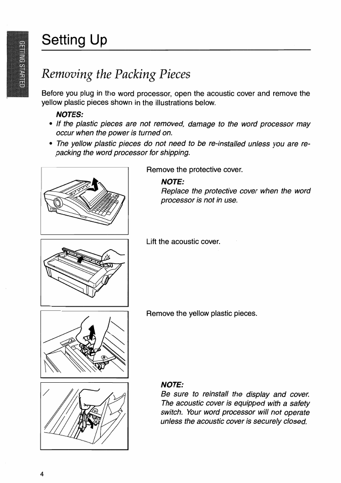 J setting up, Removing the packing pieces, Notes | Note, Setting up | Brother WP-700D User Manual | Page 12 / 172