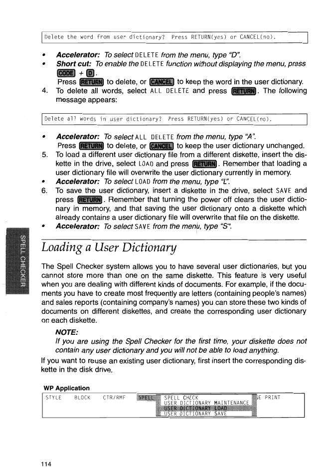 Loading a user dictionary, Note | Brother WP-700D User Manual | Page 122 / 172