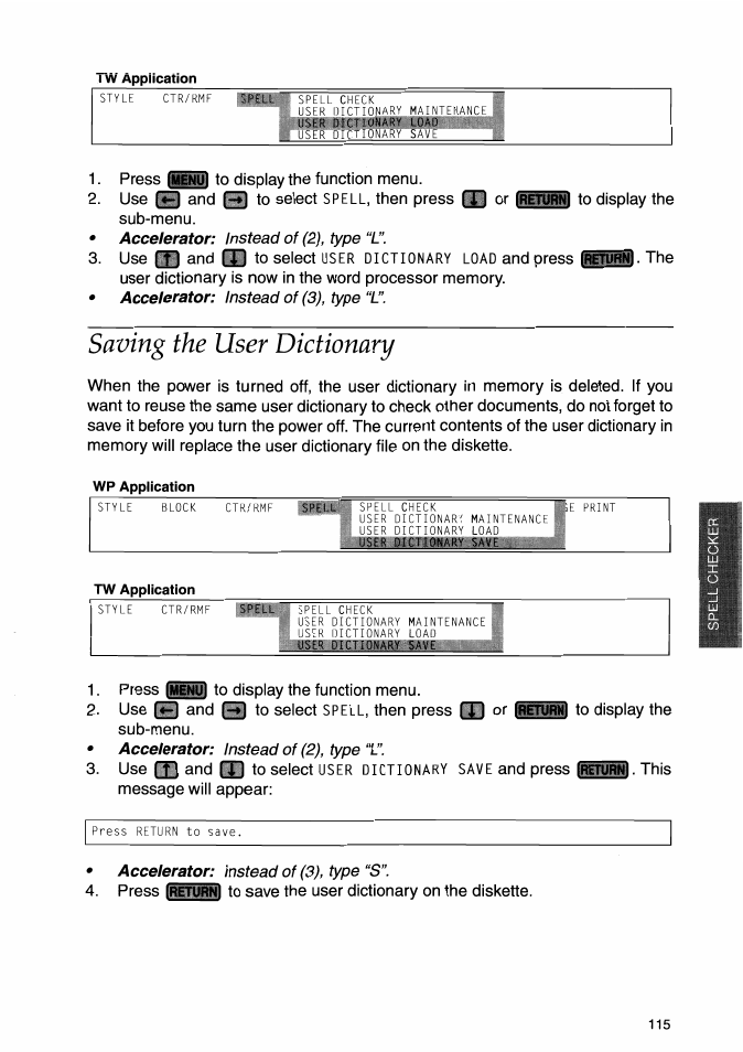 Saving the user dictionary | Brother WP-700D User Manual | Page 123 / 172