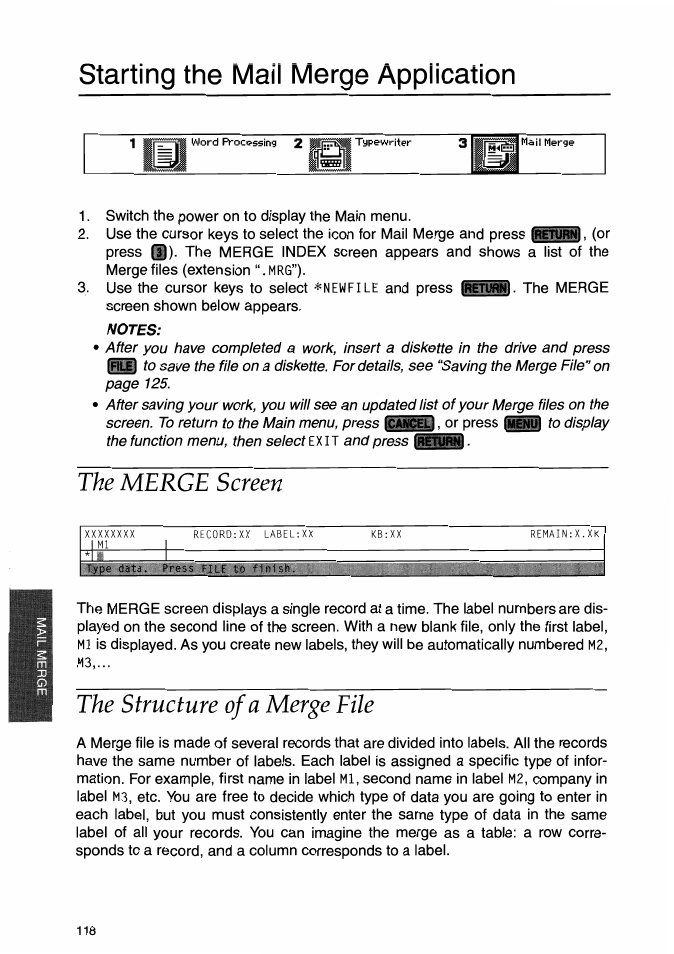 Starting the mail merge application, The merge screen, The structure of a merge tile | Starting the maii merge application, The merge screen the structure of a merge file | Brother WP-700D User Manual | Page 126 / 172