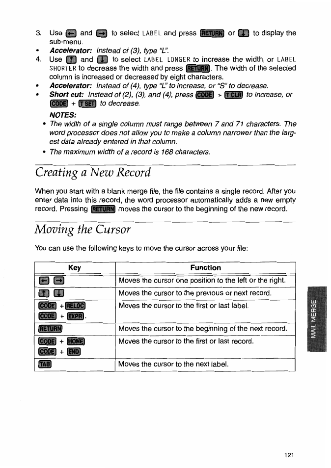 Notes, Creating a new record, Moving the cursor | Creating a new record moving the cursor | Brother WP-700D User Manual | Page 129 / 172