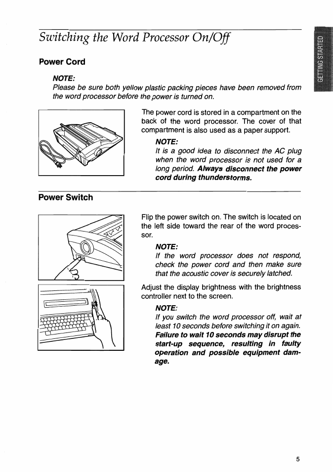 Switching the word processor on/ojf, Power cord, Note | Power switch, Switching the word processor on/off | Brother WP-700D User Manual | Page 13 / 172