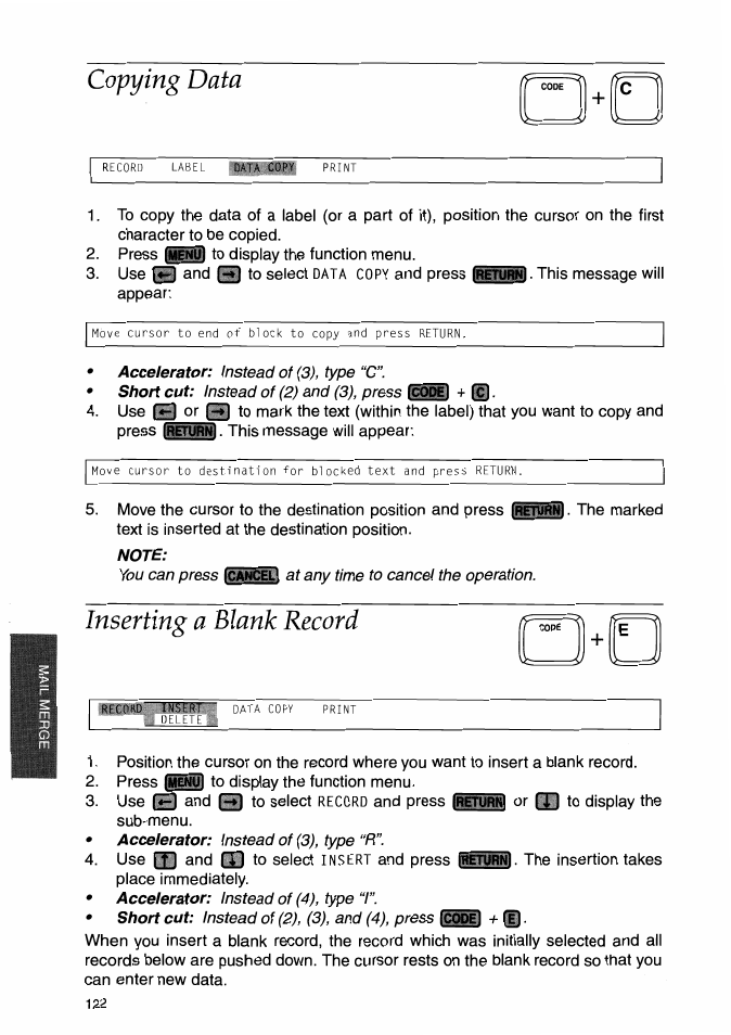 Copying data, Inserting a blank record | Brother WP-700D User Manual | Page 130 / 172