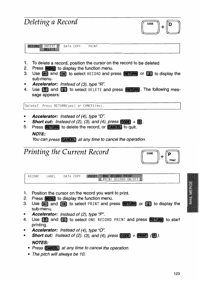 Deleting a record, Note, Printing the current record | Deleting a record printing the current record | Brother WP-700D User Manual | Page 131 / 172