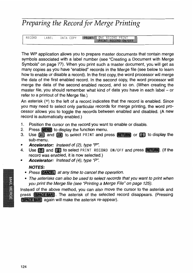 Preparing the record for merge printing | Brother WP-700D User Manual | Page 132 / 172