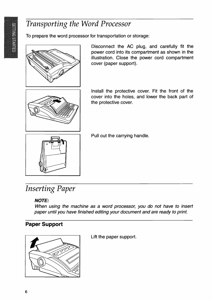 Transporting the word processor, Inserting paper, Note | Paper support | Brother WP-700D User Manual | Page 14 / 172