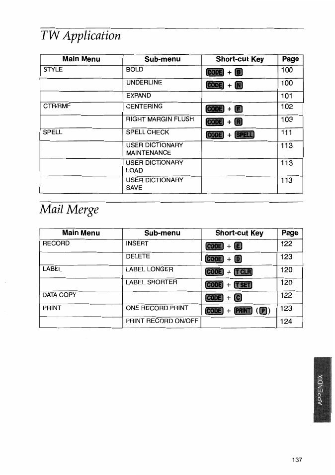 1w application, Mail merge, Tw application | Application | Brother WP-700D User Manual | Page 145 / 172