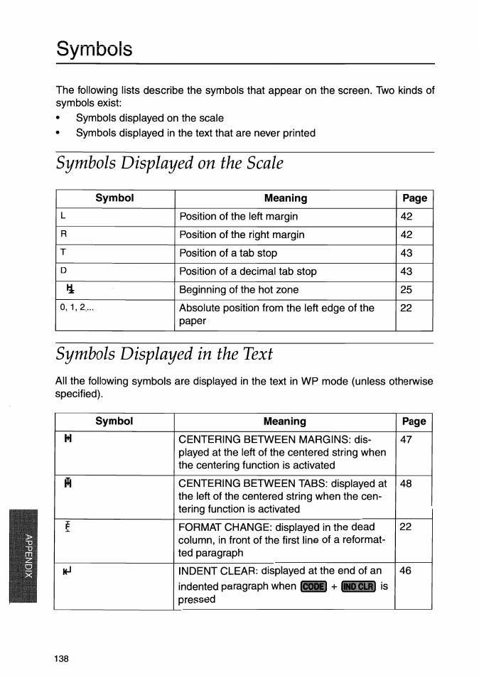 Symbols displayed on the scale, Symbols displayed in the text, Syrnbuis | Brother WP-700D User Manual | Page 146 / 172