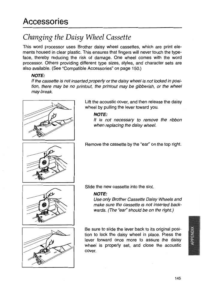 Accessories, Changing the daisy wheel cassette, Note | Brother WP-700D User Manual | Page 153 / 172