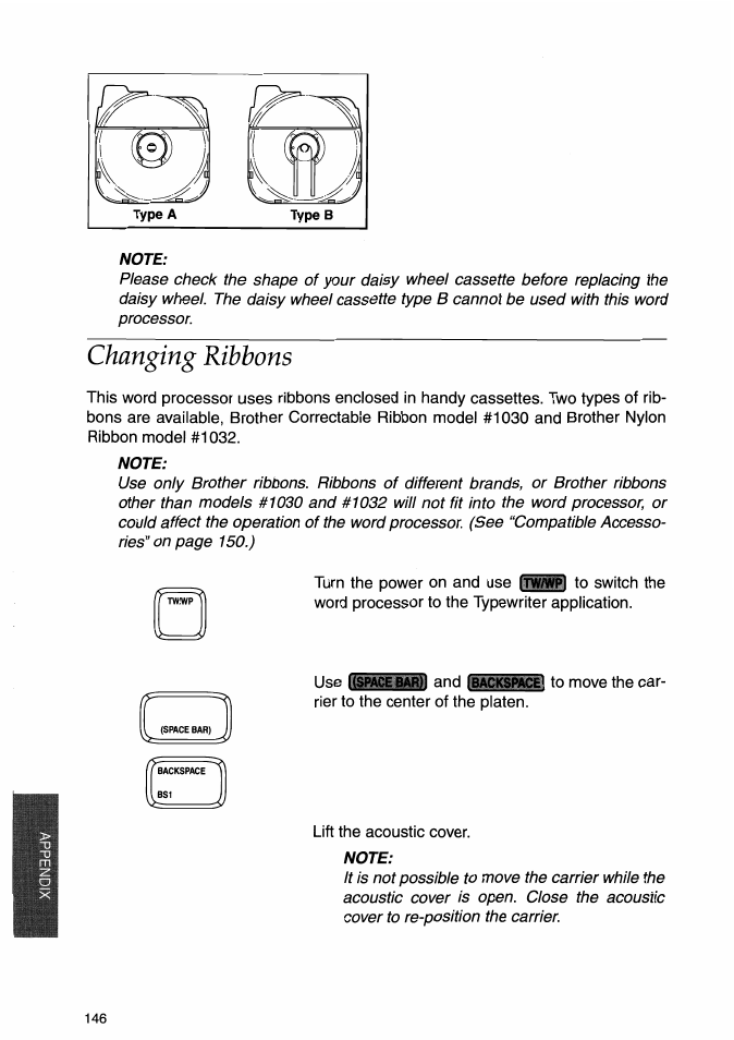 Note, Changing ribbons | Brother WP-700D User Manual | Page 154 / 172