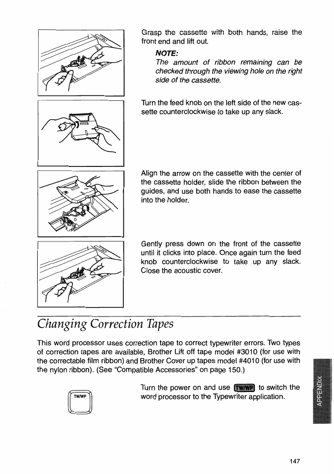 Note, Changing correction tapes | Brother WP-700D User Manual | Page 155 / 172