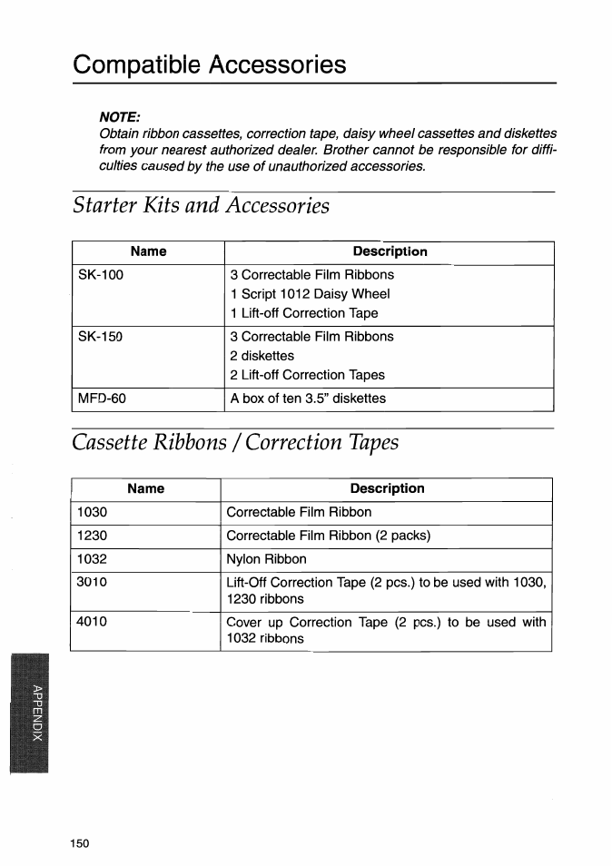 Compatibie accessories, Note, Starter kits and accessories | Cassette ribbons / correction tapes, Cassette ribbons, Correction tapes | Brother WP-700D User Manual | Page 158 / 172