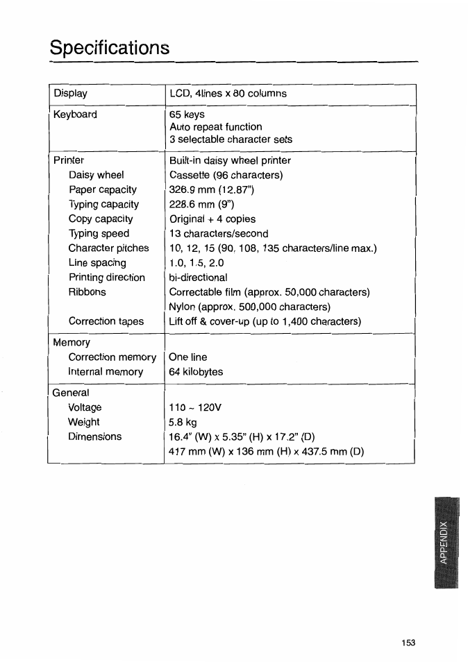 Specifications | Brother WP-700D User Manual | Page 161 / 172