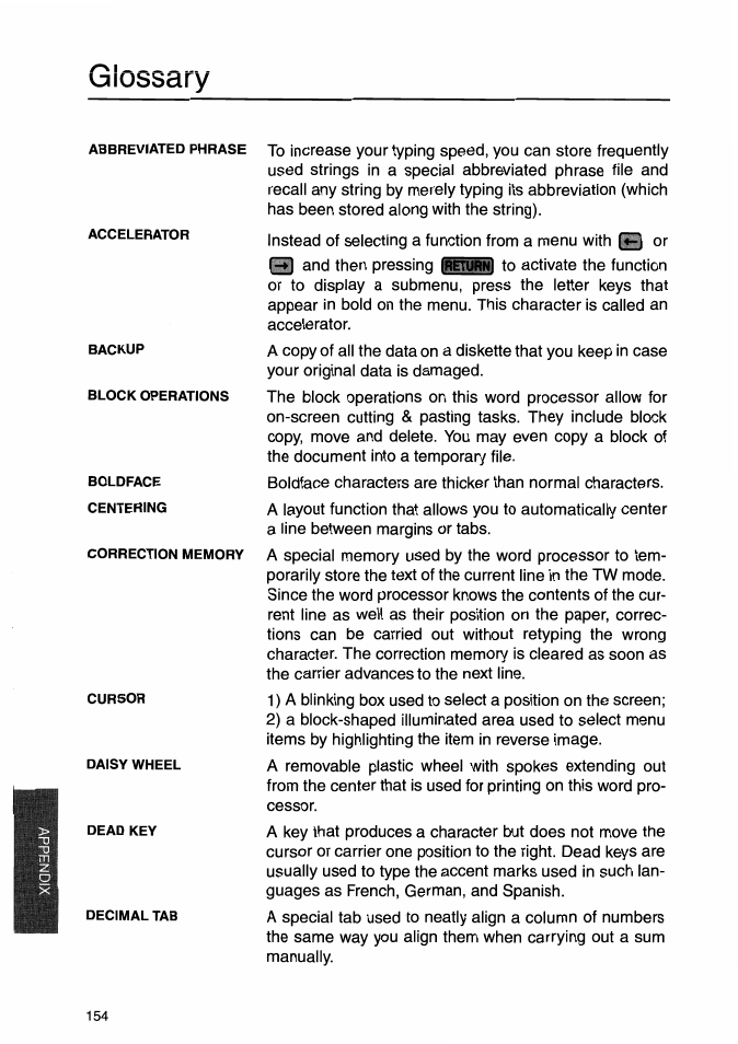 Glossary | Brother WP-700D User Manual | Page 162 / 172