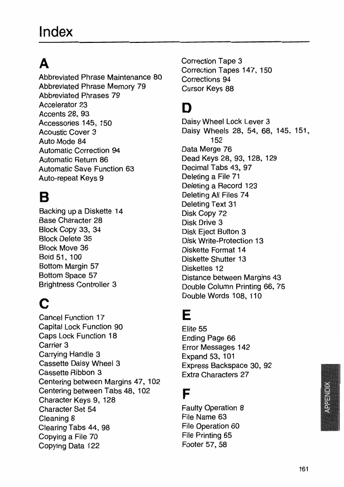 Index | Brother WP-700D User Manual | Page 167 / 172