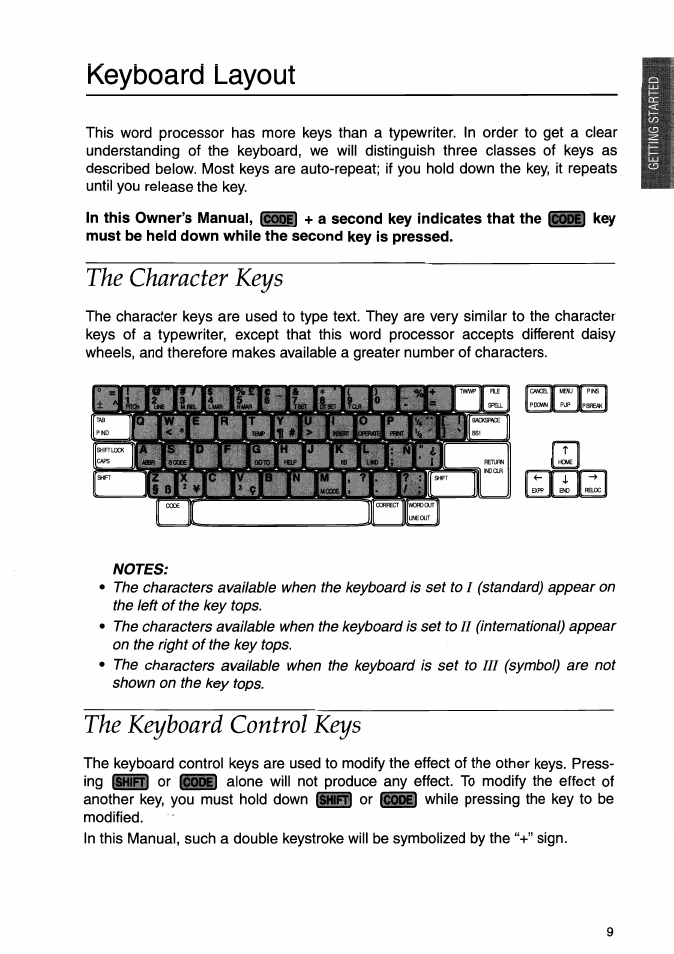 Keyboard layout, The character keys, Notes | The keyboard control keys, The character keys the keyboard control keys | Brother WP-700D User Manual | Page 17 / 172