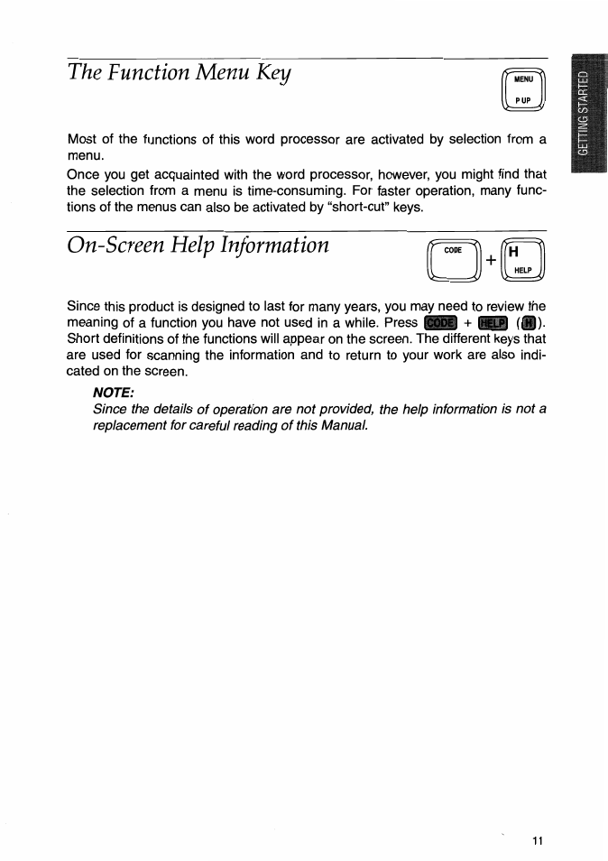 The function menu key, On-screen help information, Note | The function menu key on-screen help information | Brother WP-700D User Manual | Page 19 / 172