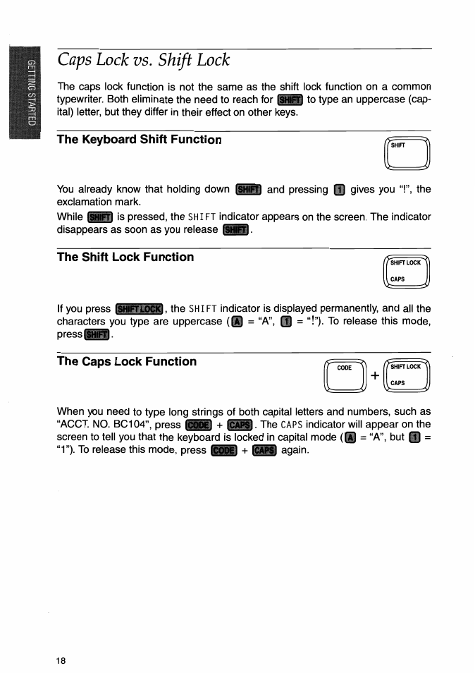 Caps lock vs. shift lock, The keyboard shift function, The shift lock function | The caps lock function | Brother WP-700D User Manual | Page 26 / 172